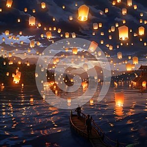 A sky full of glowing lanterns floating mystically Generative AI
