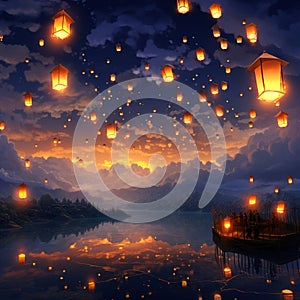 A sky full of glowing lanterns floating mystically Generative AI