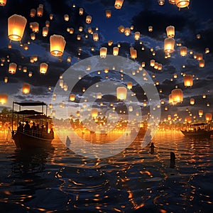 A sky full of glowing lanterns floating mystically Generative AI