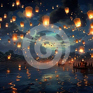 A sky full of glowing lanterns floating mystically Generative AI