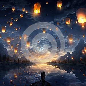 A sky full of glowing lanterns floating mystically Generative AI