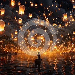 A sky full of glowing lanterns floating mystically Generative AI