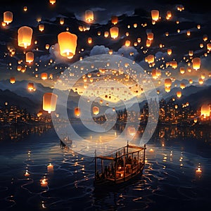 A sky full of glowing lanterns floating mystically Generative AI