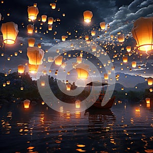 A sky full of glowing lanterns floating mystically Generative AI