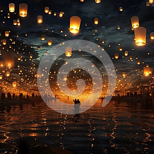 A sky full of glowing lanterns floating mystically Generative AI