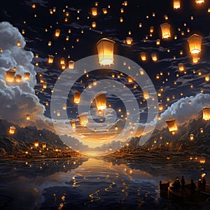 A sky full of glowing lanterns floating mystically Generative AI