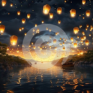 A sky full of glowing lanterns floating mystically Generative AI