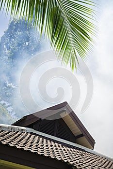 The sky is full of smoke. The roof of the building against the background of smoke, palm leaf. symbol of the beginning