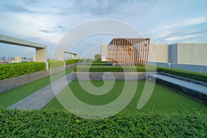 Sky garden on private rooftop of condominium or hotel, high rise architecture building with tree, grass field, and blue sky