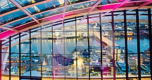 Sky Gardens Interior at night, illuminated with colourful lights