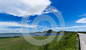 Sky with green fields Reservoir for agriculture