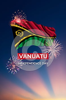 Sky with holiday fireworks and flag of Vanuatu