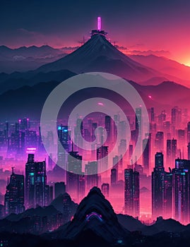 Sky keepers Cyberpunk Metropolis in Mountain Shadows - Neon Nights and Futuristic Smog