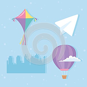 Sky kite hot air balloon cloud paper plane and cityscape icons