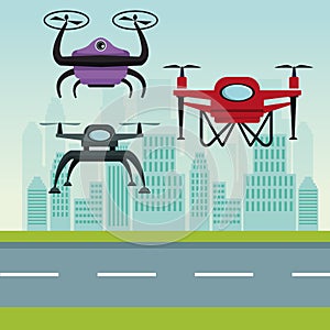 Sky landscape with buildings and street scene with modern robot drones with two airscrew flying and base