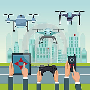 Sky landscape with buildings and street scene with people handle remotes control with set robot drones with two airscrew