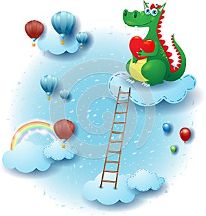 Sky landscape with clouds, dragon in love and ladder.