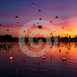 Sky lanterns and water lanterns floating at dusk under a vibrant gradient sky