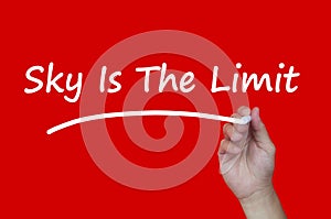 Sky is the limit motivational or inspirational quote text on red cover background. Conceptual