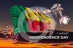 Sky with majestic fireworks and flag of Benin