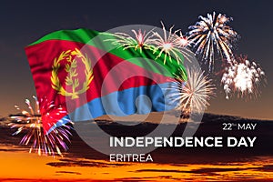 Sky with majestic fireworks and flag of Eritrea