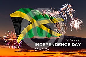 Sky with majestic fireworks and flag of Jamaica