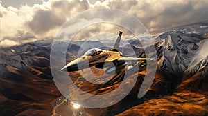 Sky military fighter jet flies amidst clouds over picturesque mountain range with snow-capped peaks