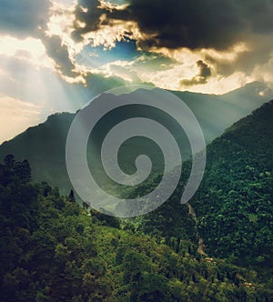 Morning sun rays coming through clouds and falling on green vegetation on mountain.