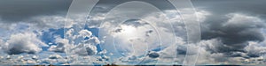 Sky panorama at noon with cumulus clouds in a seamless spherical equiangular format as a full zenith for use in 3D