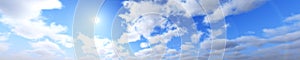 Sky panorama view of clouds and sun, banner