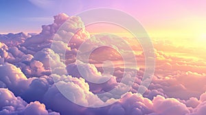 Sky, pink heaven background with fluffy clouds in white and lilac. Abstract vivid fantasy background, 3D modern