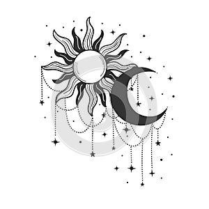 Sky print print, sun and crescent moon with bead and star embellishments. Vector illustration isolated on white