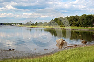 The sky is reflected in a calm marsh and seashore