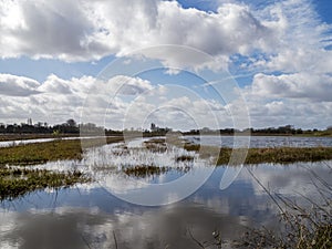 Sky reflected in wetlands at Wheldrake Ings, North Yorkshire, England