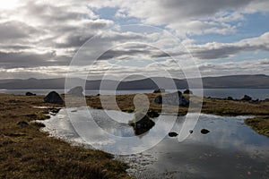 Sky reflecting in lake north from KirkjubÃ¸ur, the Faroe Islands