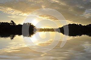 Sky reflections on lake at sunset