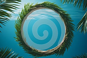 Sky\'s the limit Palm leaf wreath beneath the endless blue expanse