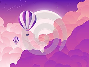 Sky scenery landscape, hot air balloons flying through clouds in the sky at night