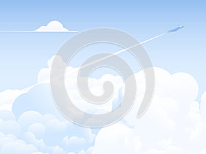 Sky scenery landscape, jet flying through clouds with smoke trail above the sky