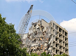 A Sky Scrapper Building Being Demolished