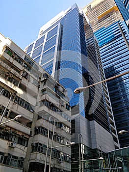 Sky scrappers and old building contrast in Hong Ko