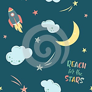 Sky seamless pattern with stars, clouds, rocket, moon and hand drawn lettering on dark blue background. Cosmos theme. For baby