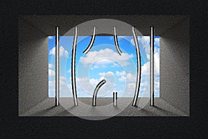 Sky Seen Through Broken Jail Bars in Prison Window. 3d Rendering