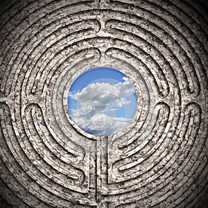 The sky seen through a labyrinth carved in stone