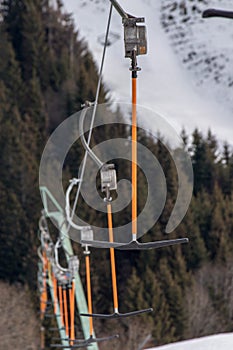 Sky slope ski lift close up in Austria