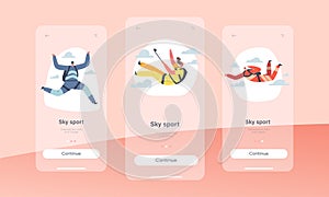 Sky Sport Mobile App Page Onboard Screen Template. Base Jumping, Parachuting Extreme Sports Activity, Recreation