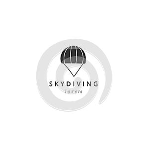 Sky sports logo template with hand drawn vector icon. Parachuting, skydiving.