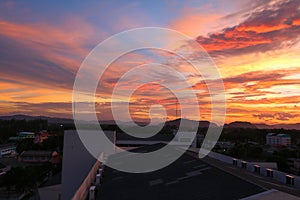 Sky in sunset and cloud beautiful colorful evening nature landscape twilight time with city silhouette