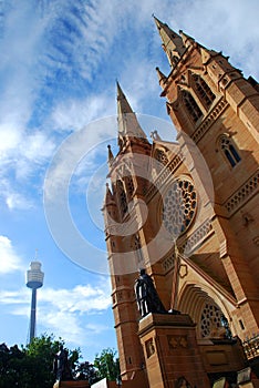 Sky Tower and St. James church. Sydney. New South Wales, Australia