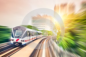 Sky train through the city center in Kuala Lumpur,motion blur